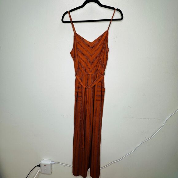 E & M Rust & Black Aztec Print V-Neck Spaghetti Strap Pockets Tie Waist Jumpsuit - Picture 2 of 16